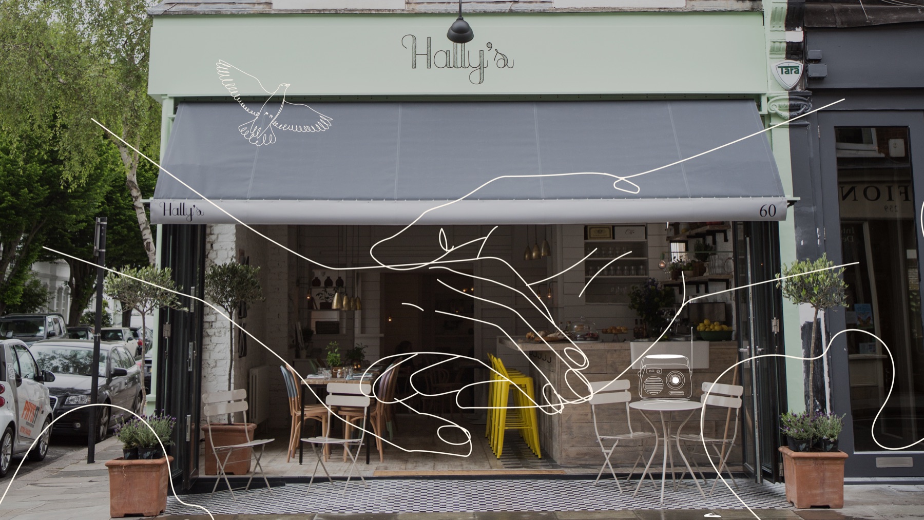 Hally's café storefront with the wandering line and hands illustration overlaid