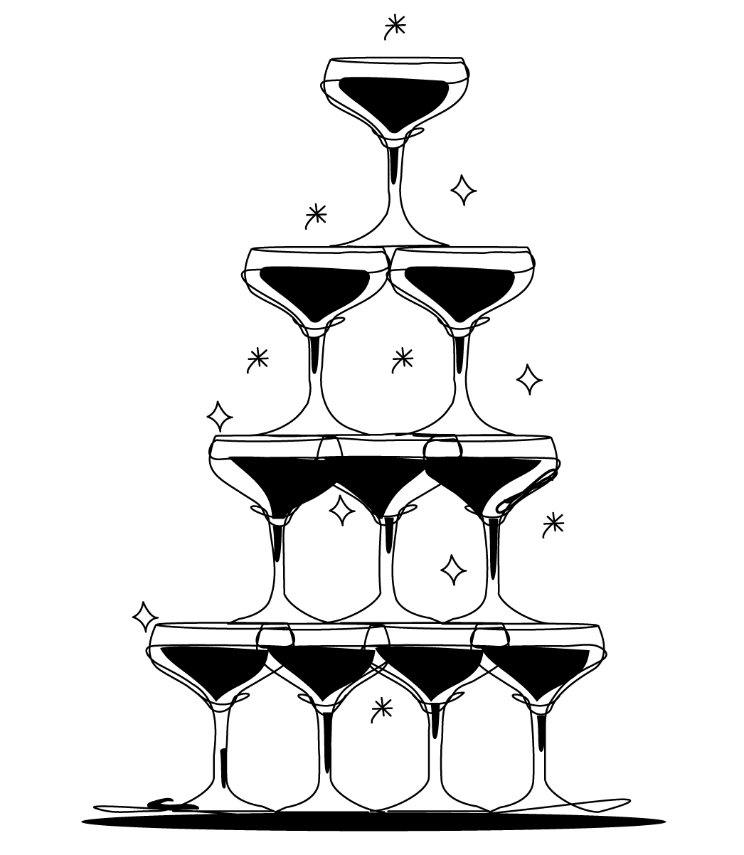 Hand-drawn illustration of a champagne glass tower