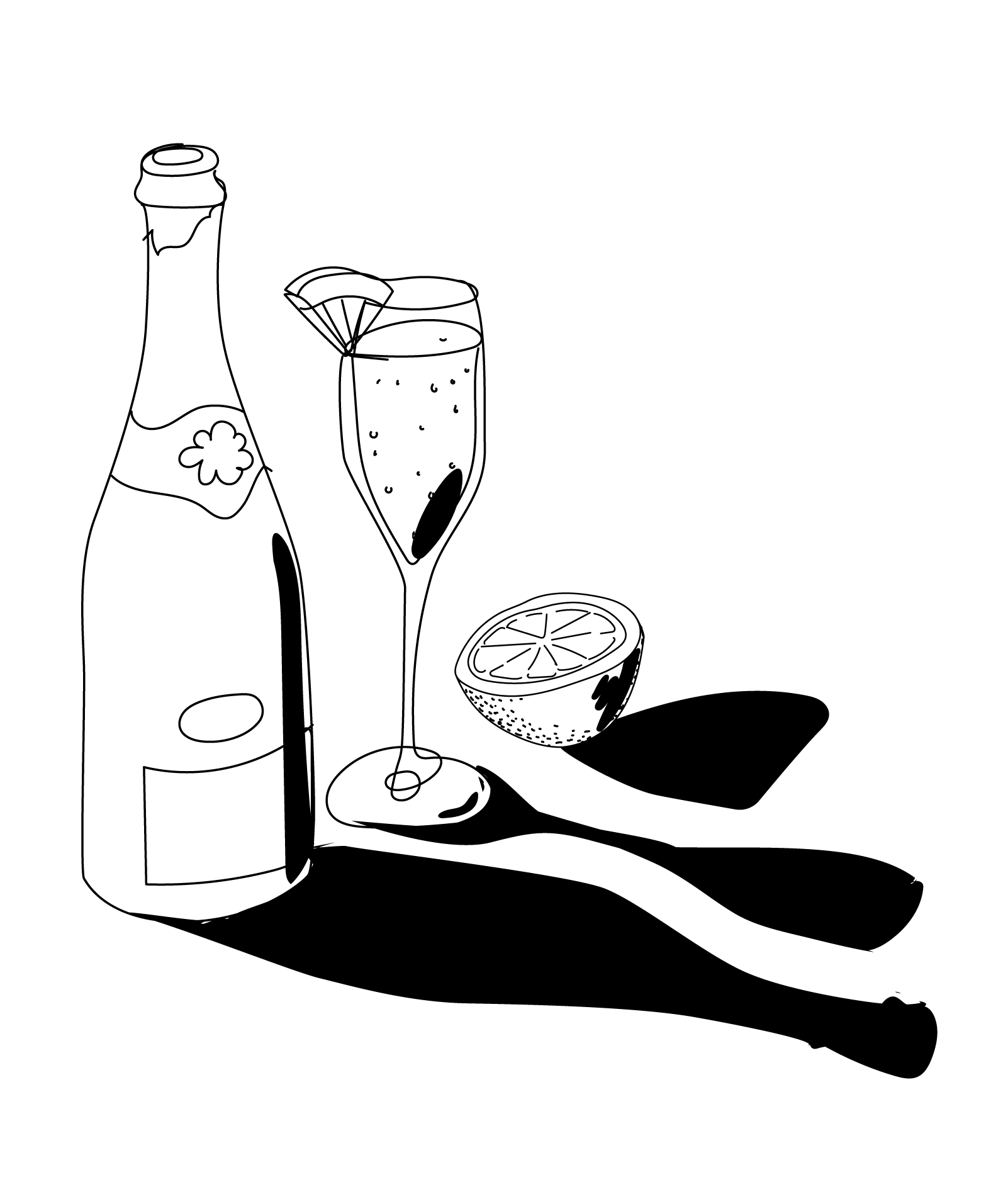 Hand-drawn illustration of a champagne bottle, glass, and lemon