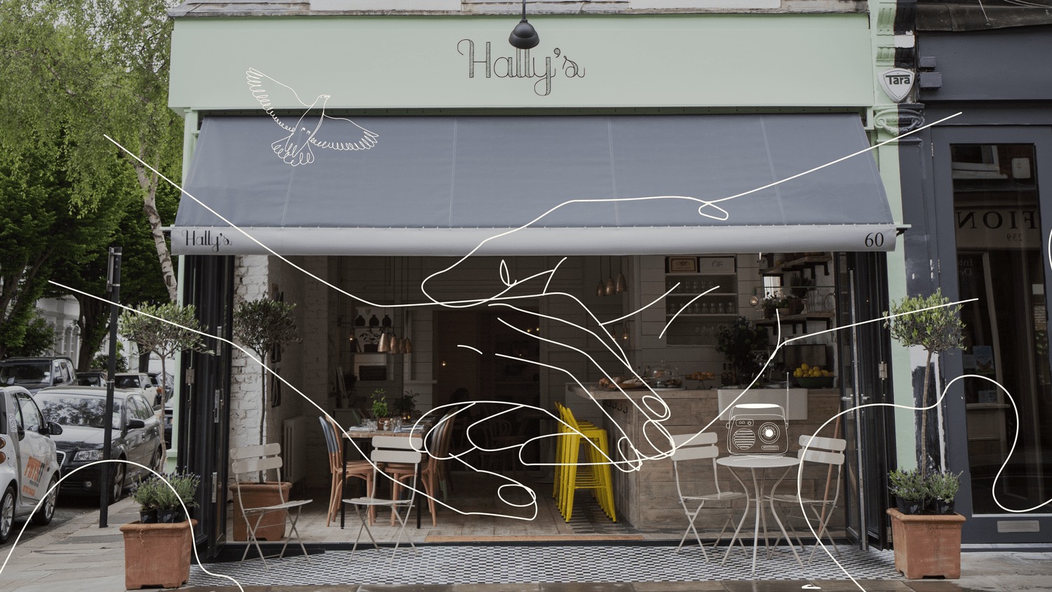 Hally's storefront with the wandering line illustration overlaid