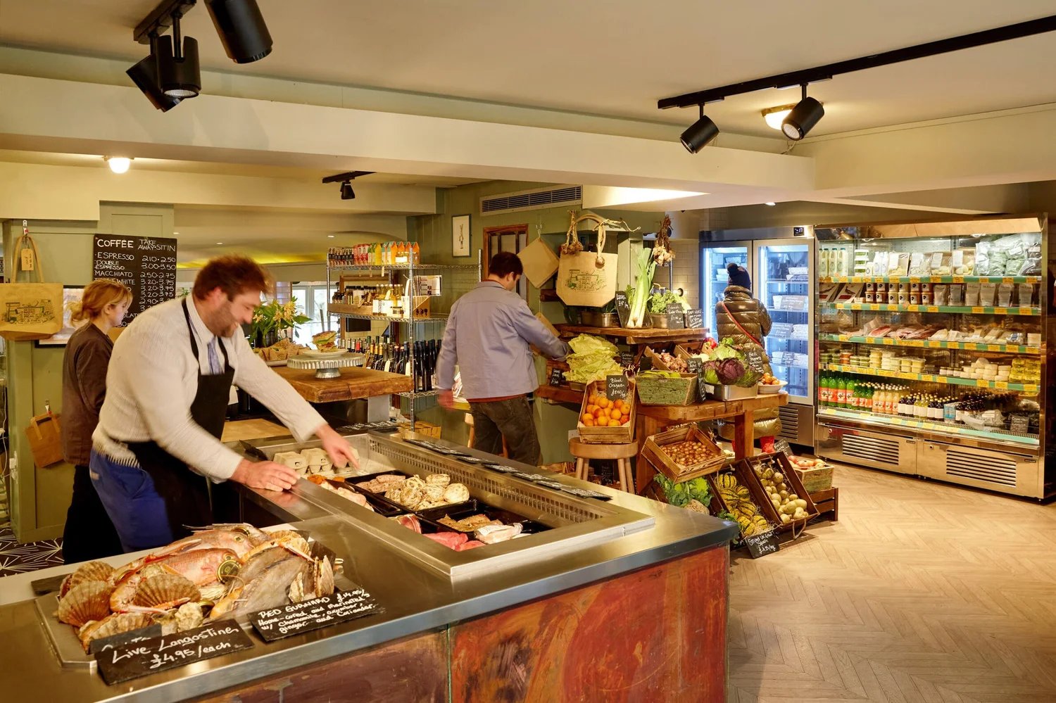 The Fat Badger farm shop counter and grocery aisle