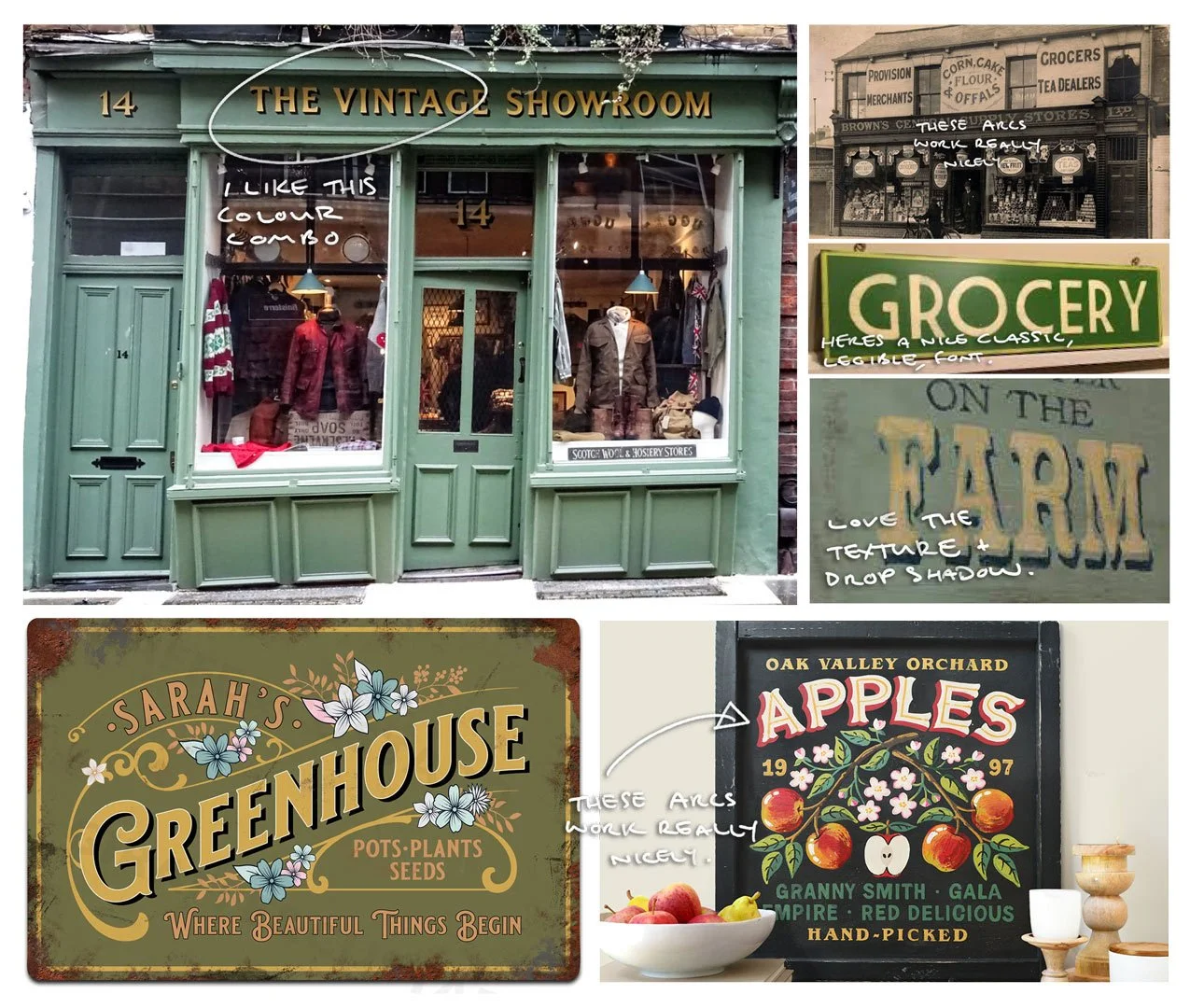 Moodboard of handpainted, weathered signage