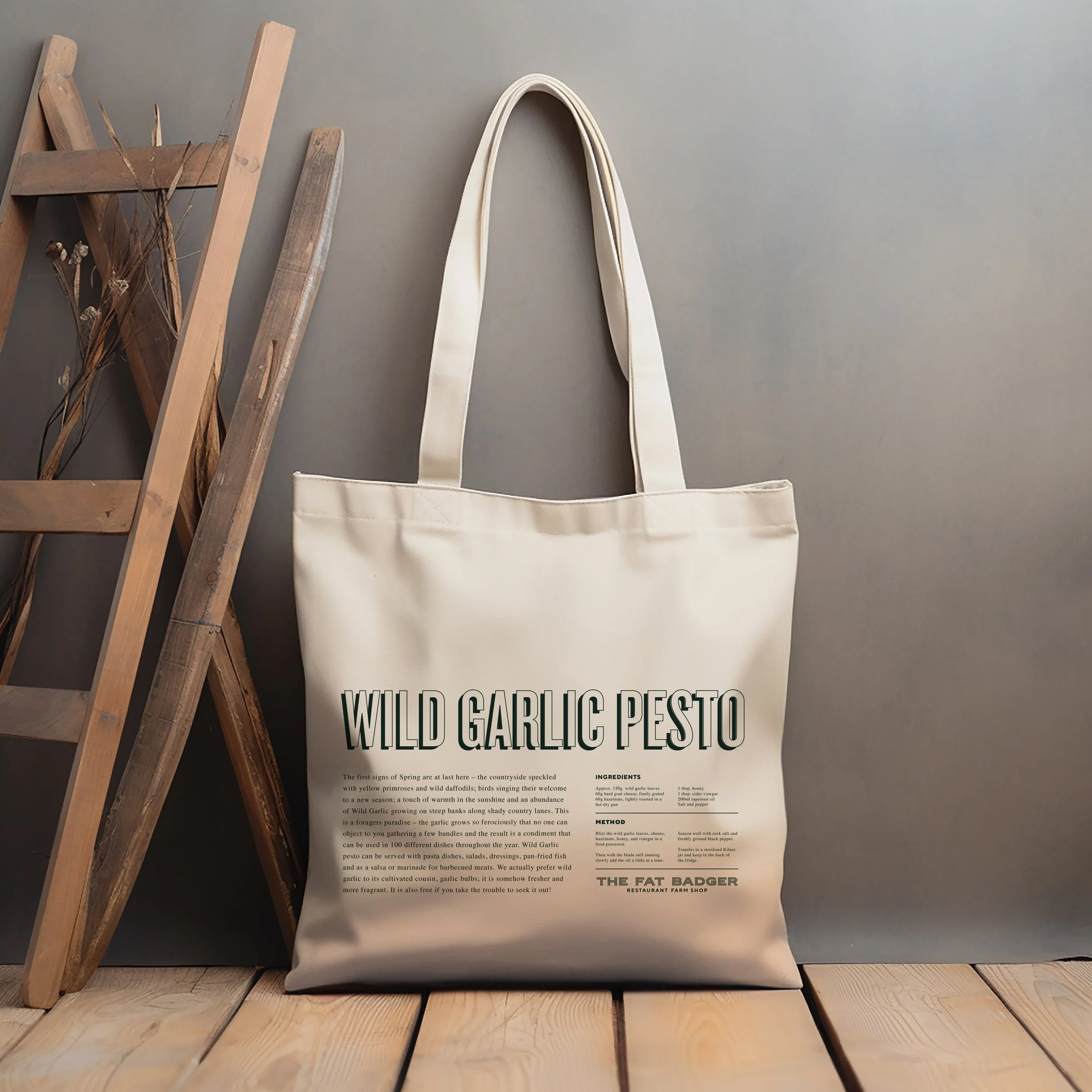 The Fat Badger tote bag, pesto recipe side
